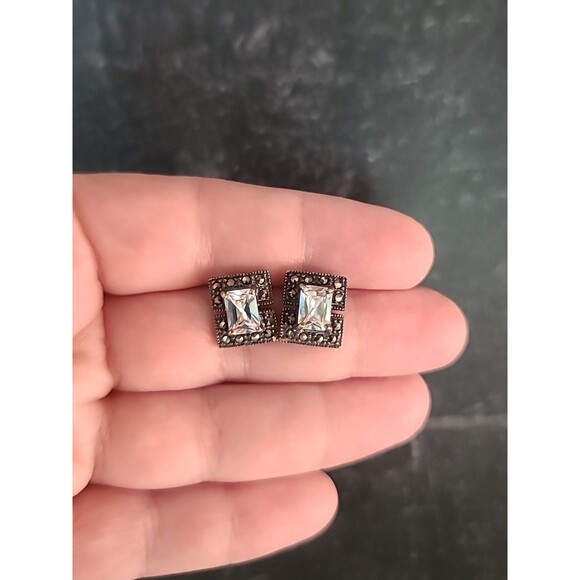 925 Sterling Silver CZ Marcasite Rectangular Post Earrings Vintage - Picture 11 of 11